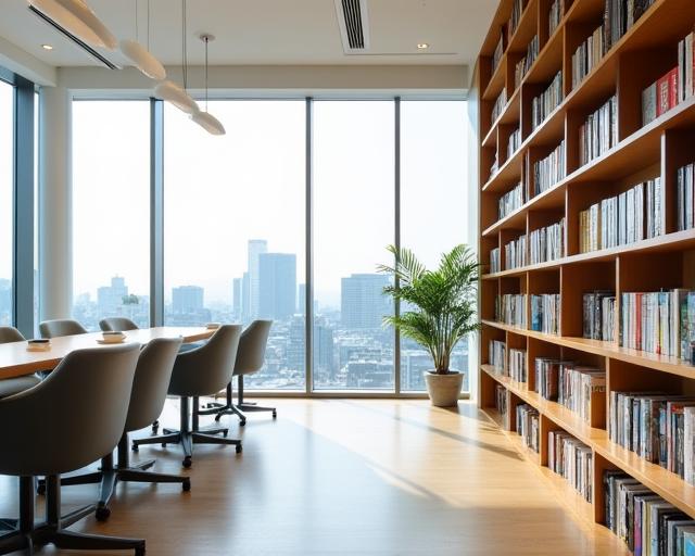 A modern and bright office meeting space in Nagoya with books on shelves