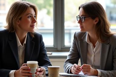 Two people having a thoughtful discussion over coffee