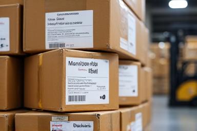 Shipping boxes with international labels ready for distribution